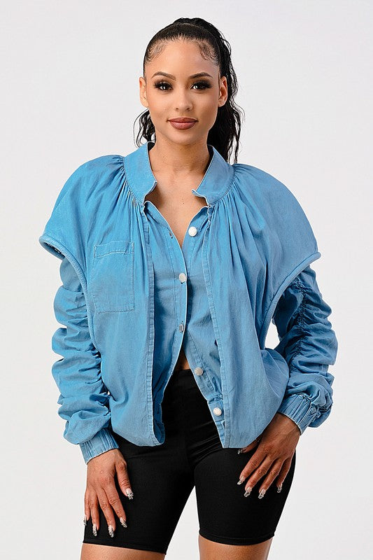 PUFF SHOULDER CASUAL DOUBLE LAYER SLEEVE JACKET