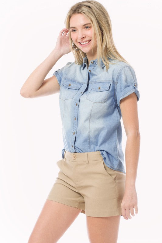 PLUS Roll Up Short Sleeve Chambray Shirt